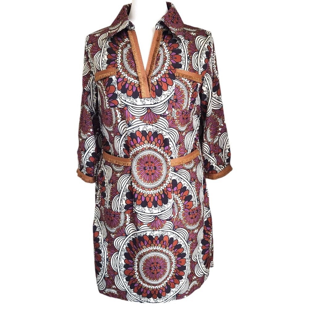 Tracy Porter Dress Womens 8/10 Paisley Boho Tunic Mini Fringe Retro 70s Print‎